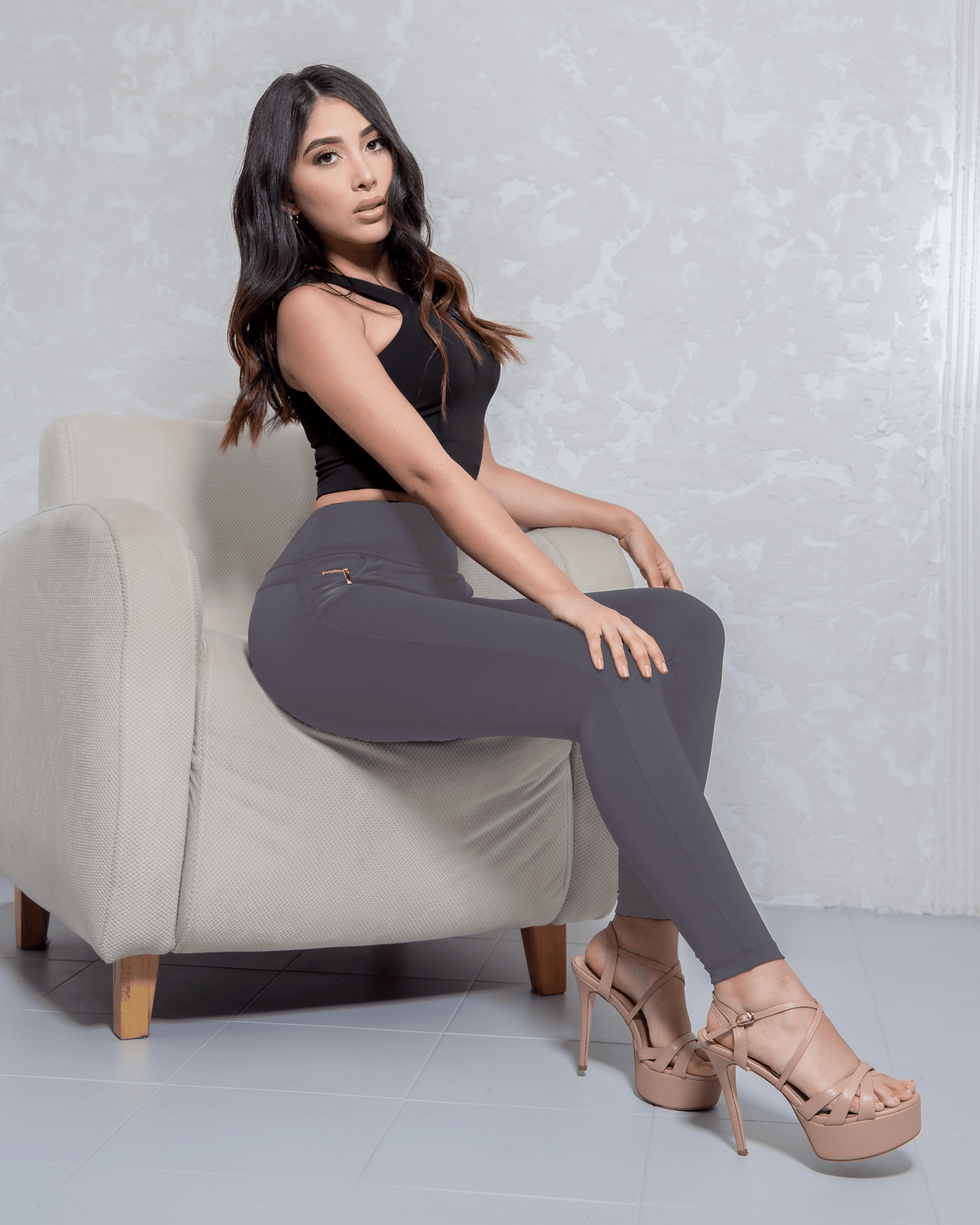Grey Date Night BBL Leggings Sitting