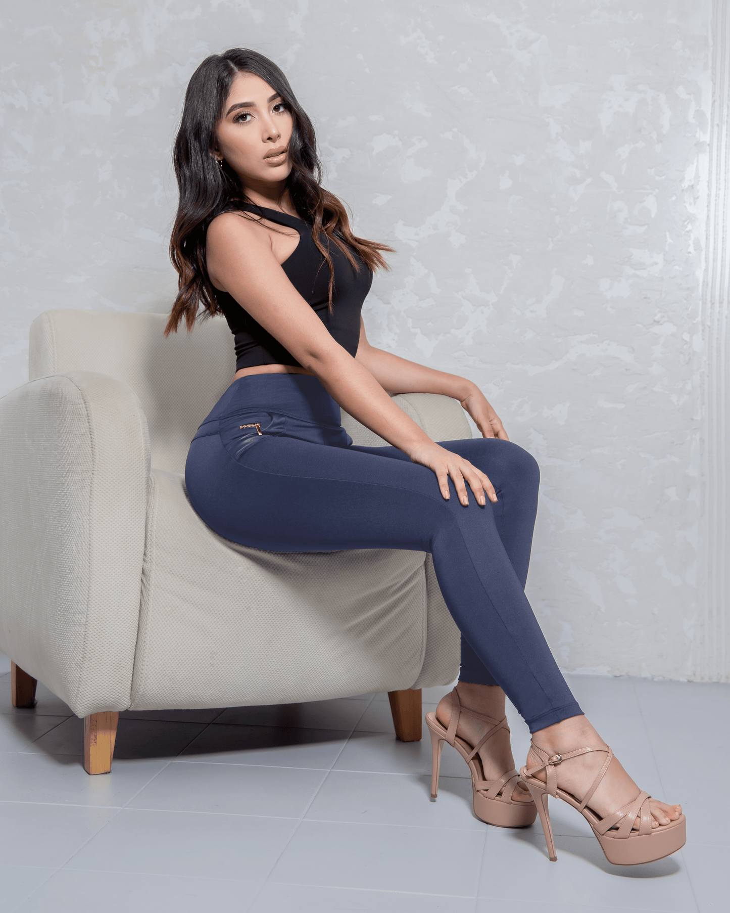 Navy Date Night BBL Leggings Sitting